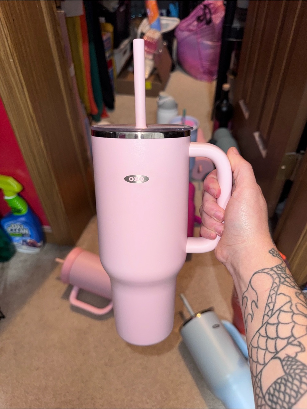 Oxo Pink Travel Tumbler with Handle and Straw